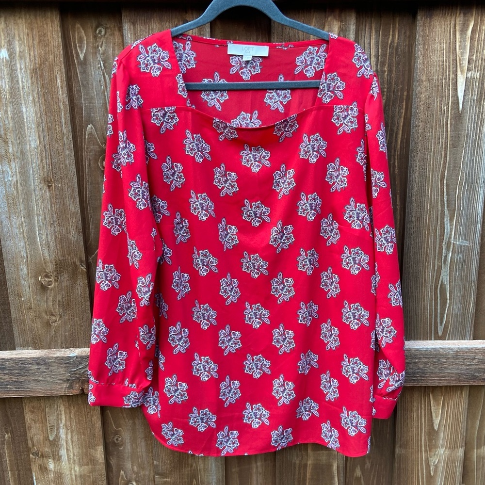 Loft Plus Red Floral Square Neck Long Sleeve Blouse